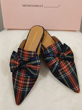 INTENTIONALLY Blank Plaid Bow Pointed Toe Flat Mules Size 6 NWT